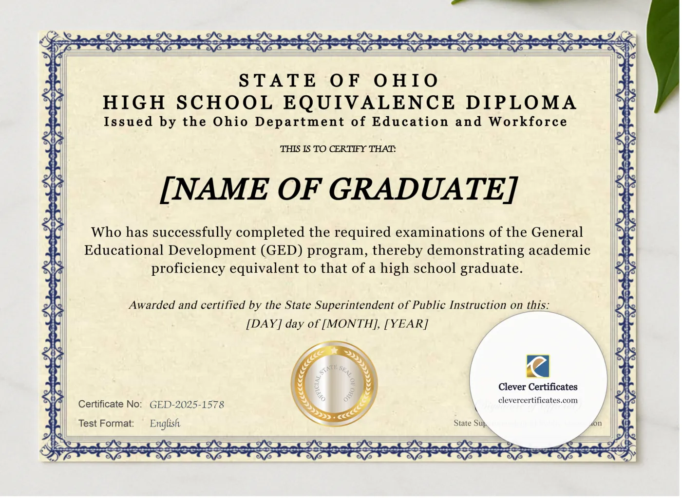 Ohio Ged presented in a sleek wooden frame, elegantly arranged on a stylish table.