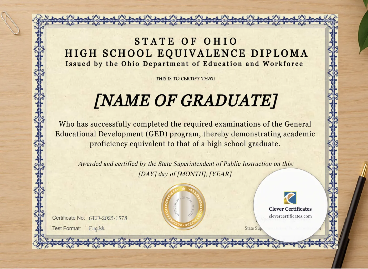 Professional preview of Ohio Ged certificate on high-quality stationery paper, ideal for showcasing the final look.