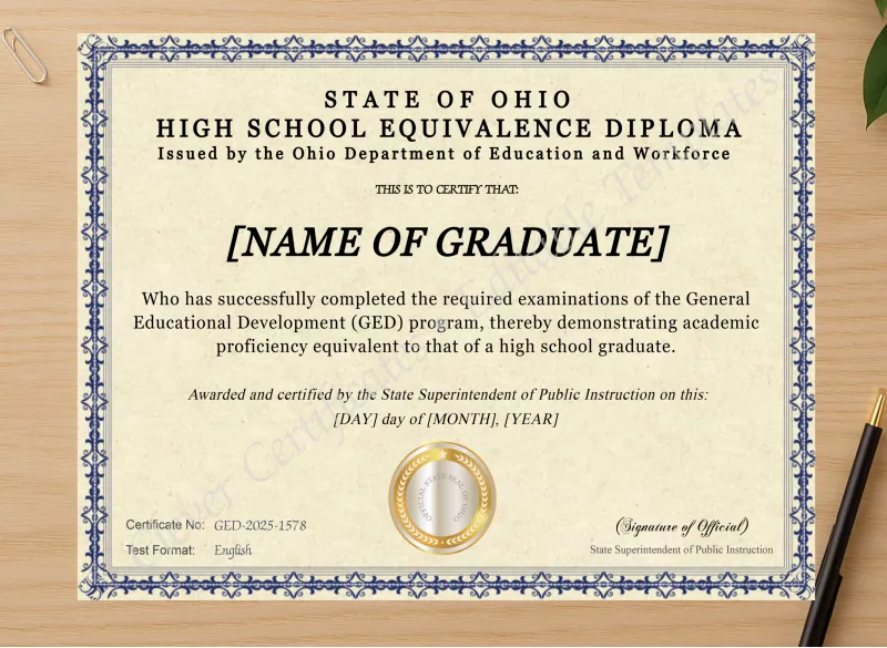 Professional preview of Ohio Ged certificate on high-quality stationery paper, ideal for showcasing the final look.