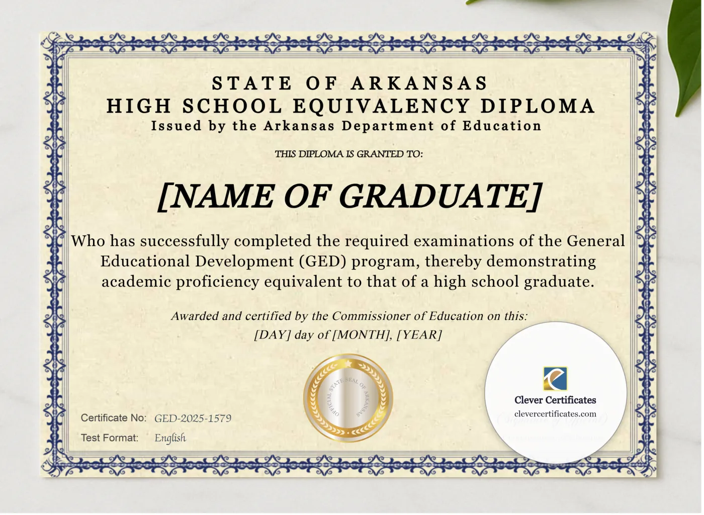 Arkansas Ged presented in a sleek wooden frame, elegantly arranged on a stylish table.