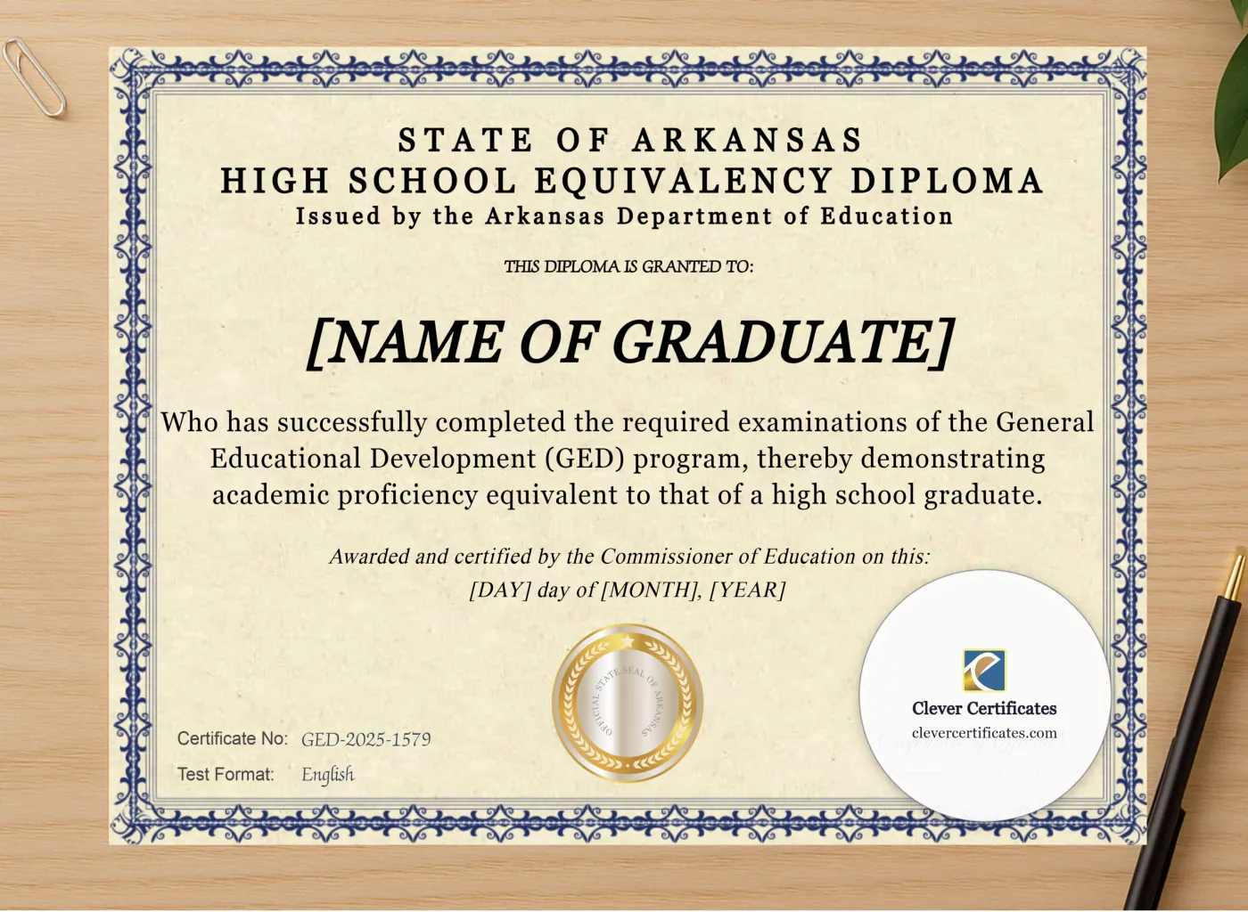 Professional preview of Arkansas Ged certificate on high-quality stationery paper, ideal for showcasing the final look.