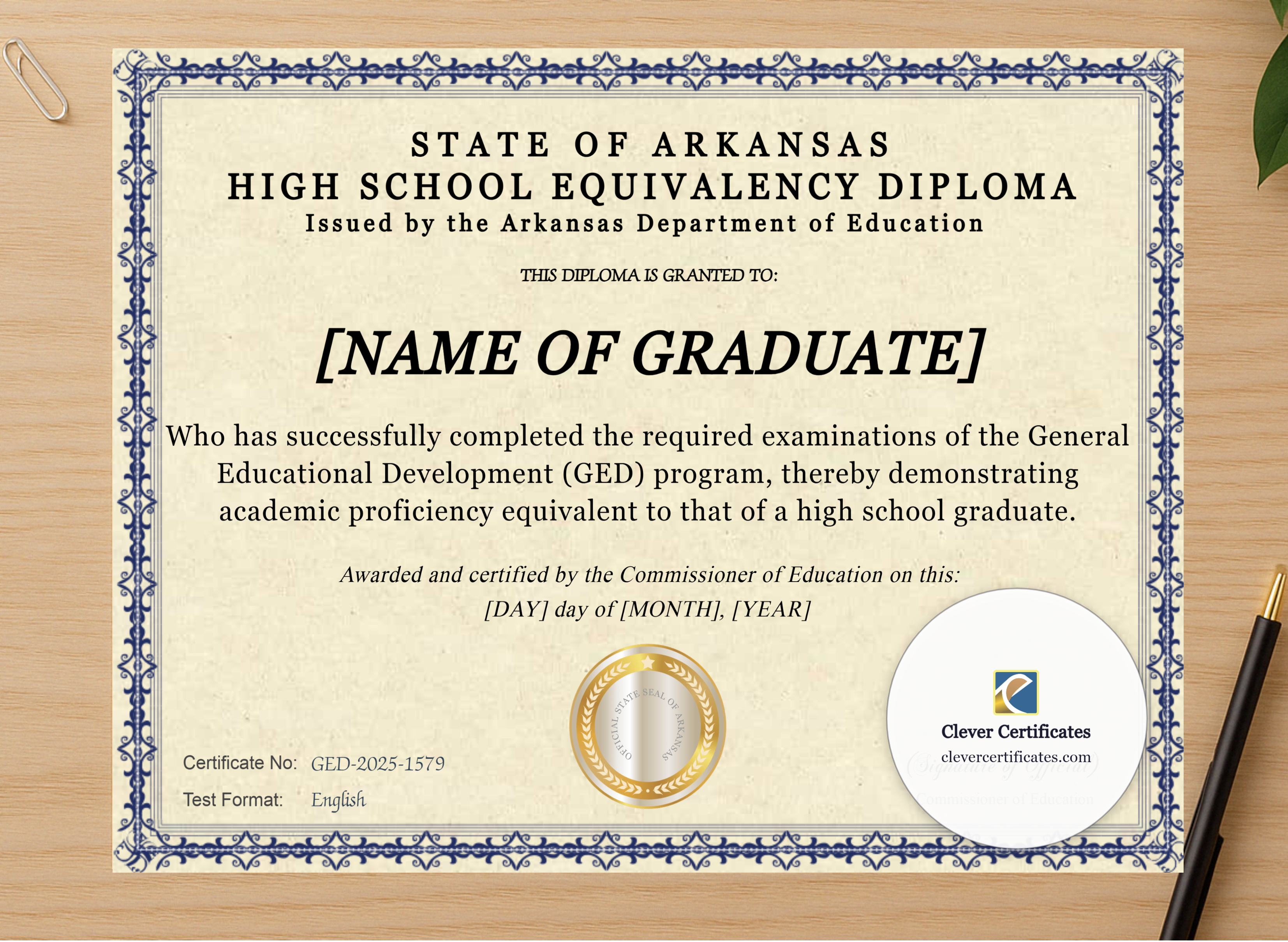 Professional preview of Arkansas Ged certificate on high-quality stationery paper, ideal for showcasing the final look.
