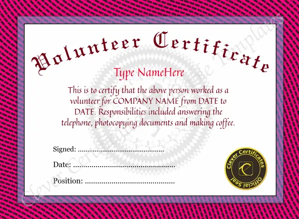 Editable Volunteer Certificate Template – Printable Award for Volunteers