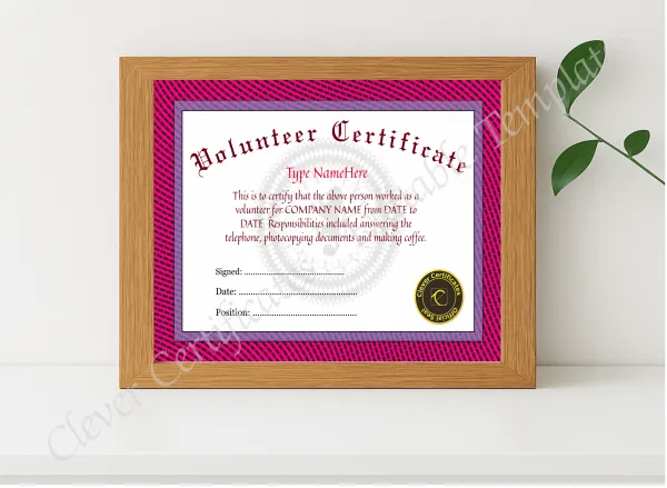 Realistic mockup featuring Volunteer Certificate displayed within a modern frame, set against a minimalistic background.