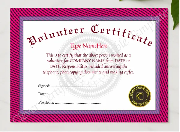 Volunteer Certificate presented in a sleek wooden frame, elegantly arranged on a stylish table.