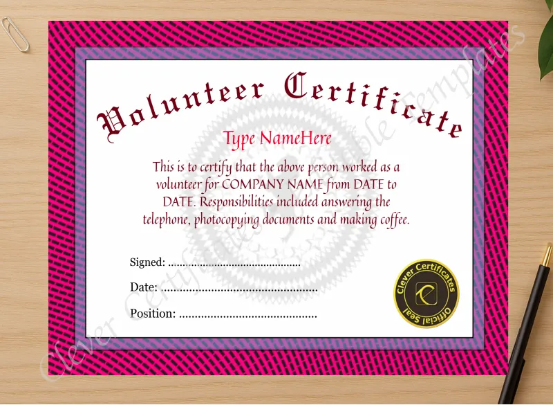 Professional preview of Volunteer Certificate certificate on high-quality stationery paper, ideal for showcasing the final look.