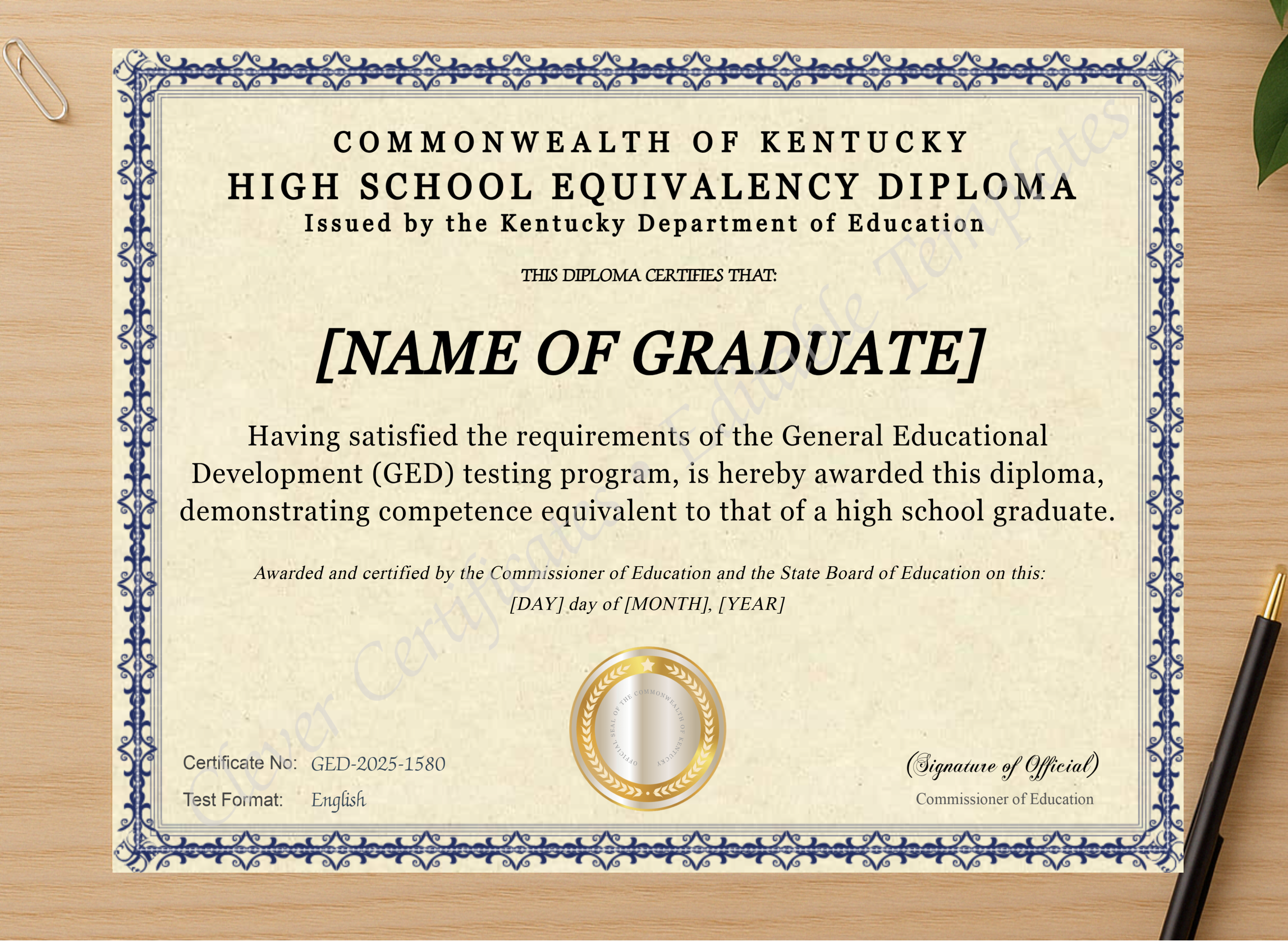 Professional preview of Kentucky Ged certificate on high-quality stationery paper, ideal for showcasing the final look.