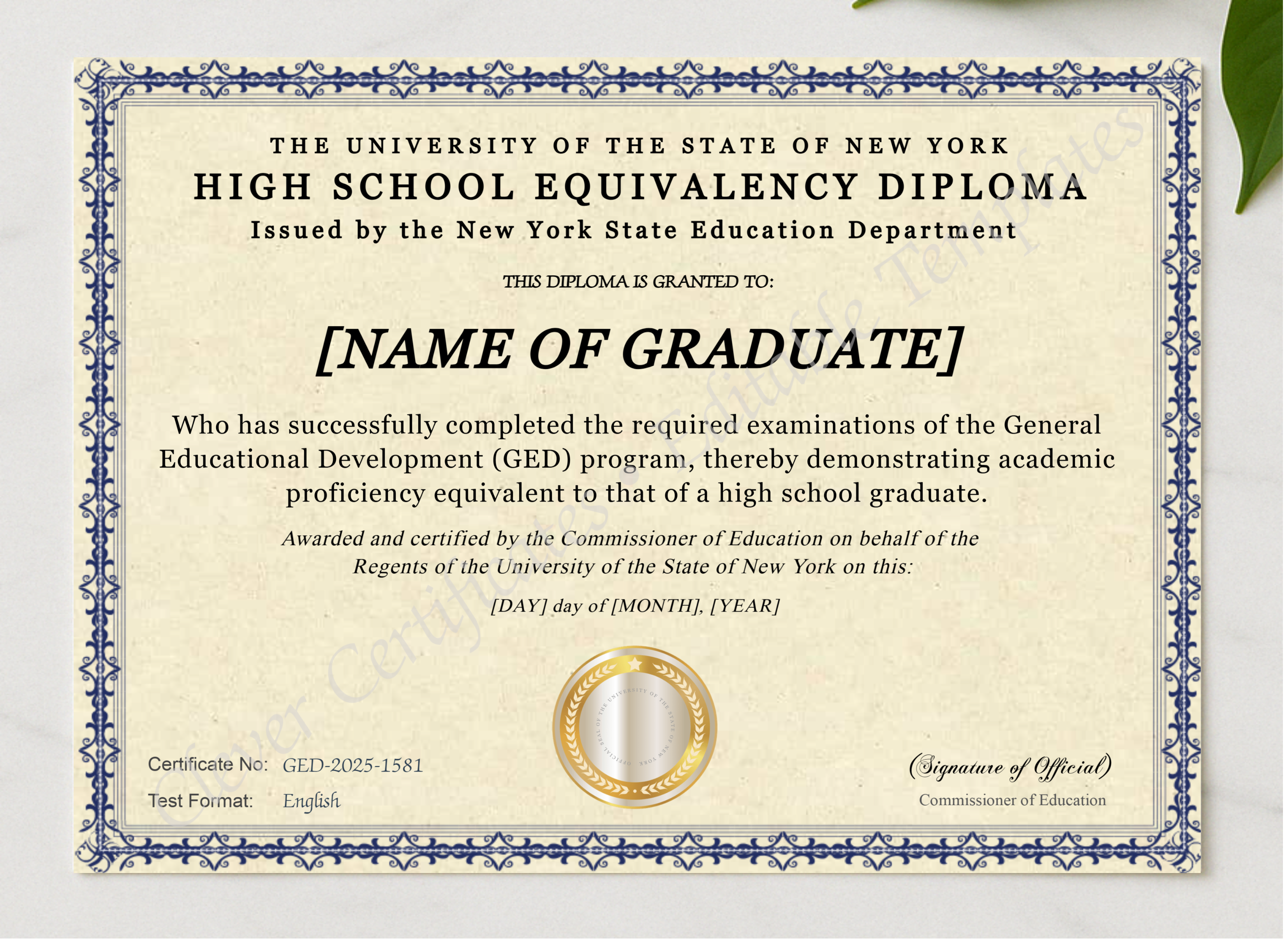 New York Ged presented in a sleek wooden frame, elegantly arranged on a stylish table.