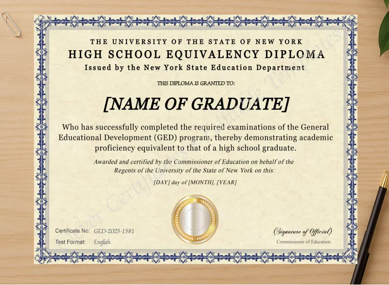 Professional preview of New York Ged certificate on high-quality stationery paper, ideal for showcasing the final look.