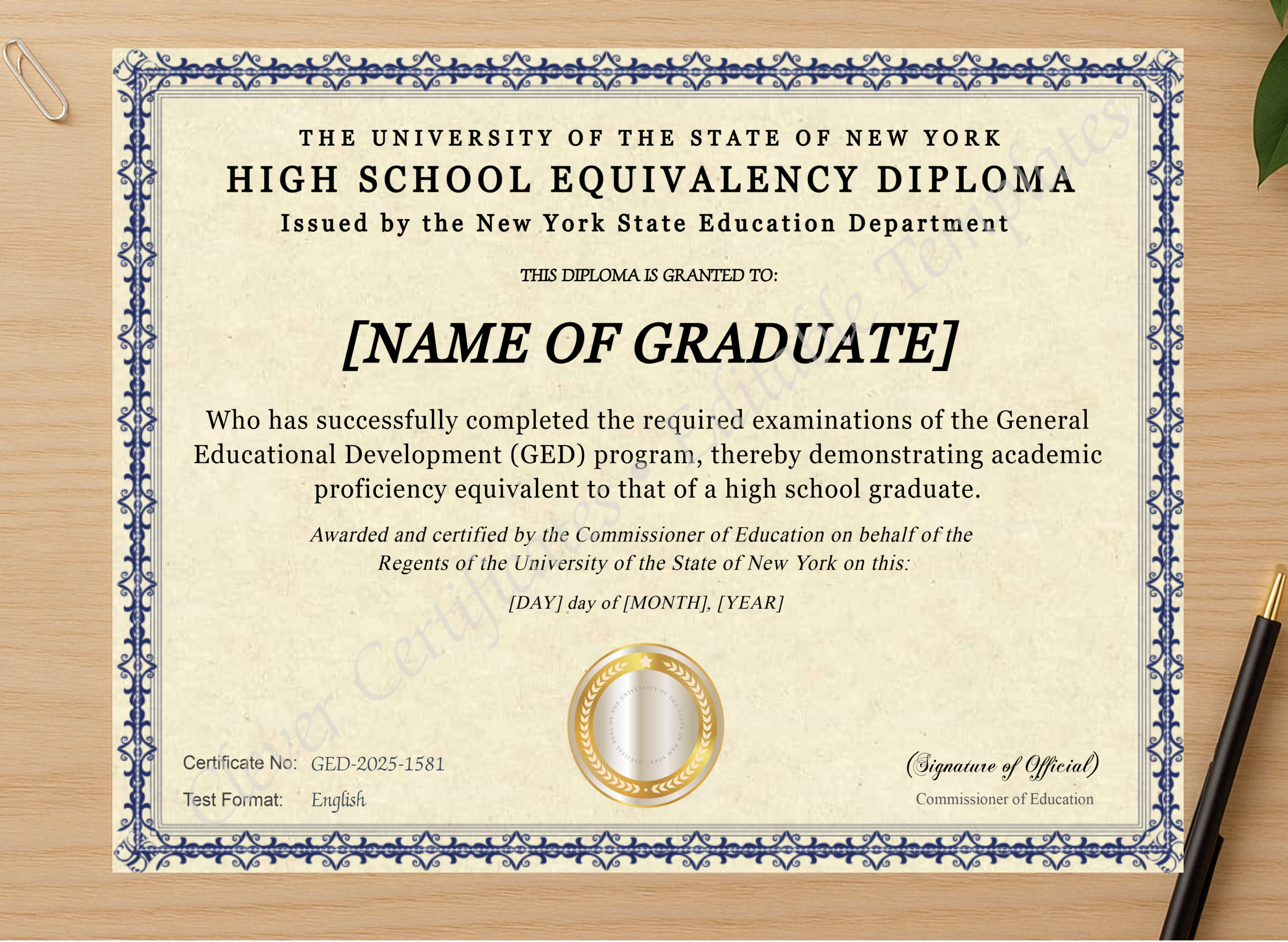 Professional preview of New York Ged certificate on high-quality stationery paper, ideal for showcasing the final look.