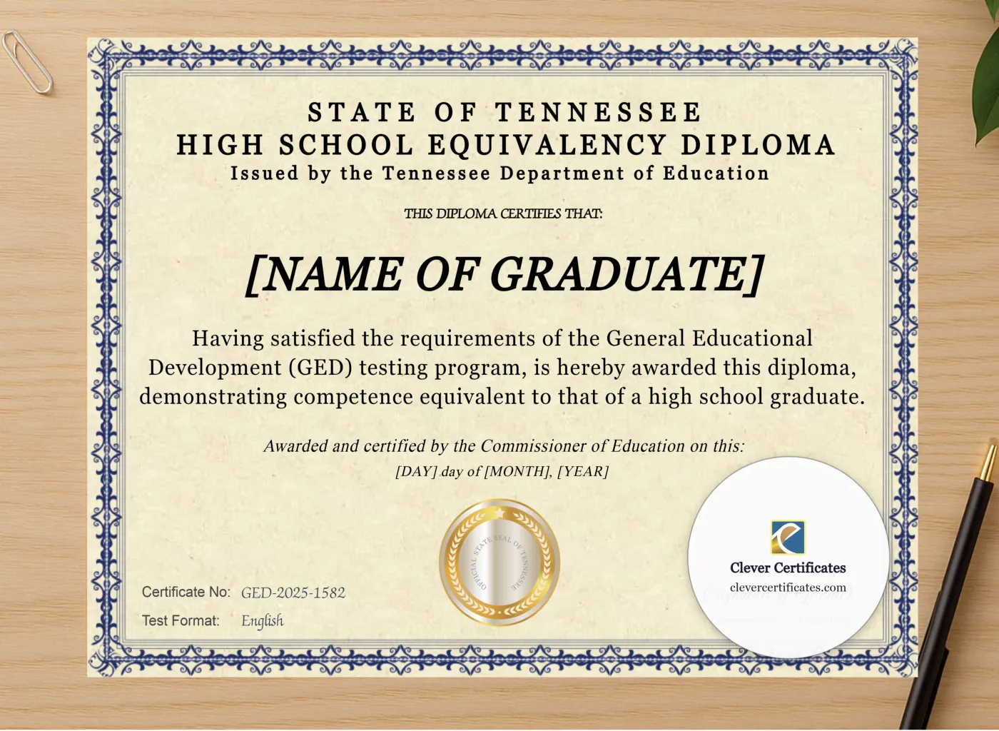 Professional preview of Tennessee Ged certificate on high-quality stationery paper, ideal for showcasing the final look.