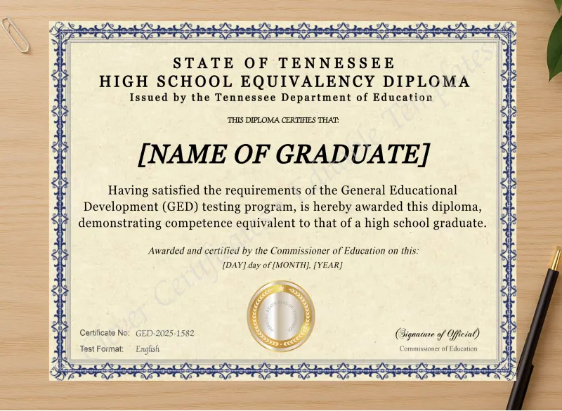 Professional preview of Tennessee Ged certificate on high-quality stationery paper, ideal for showcasing the final look.