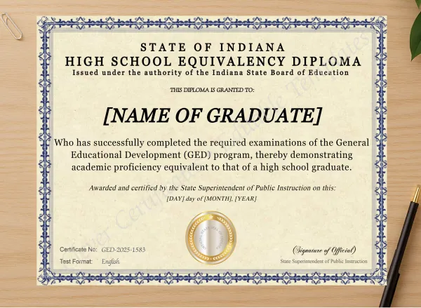 Professional preview of Indiana Ged certificate on high-quality stationery paper, ideal for showcasing the final look.