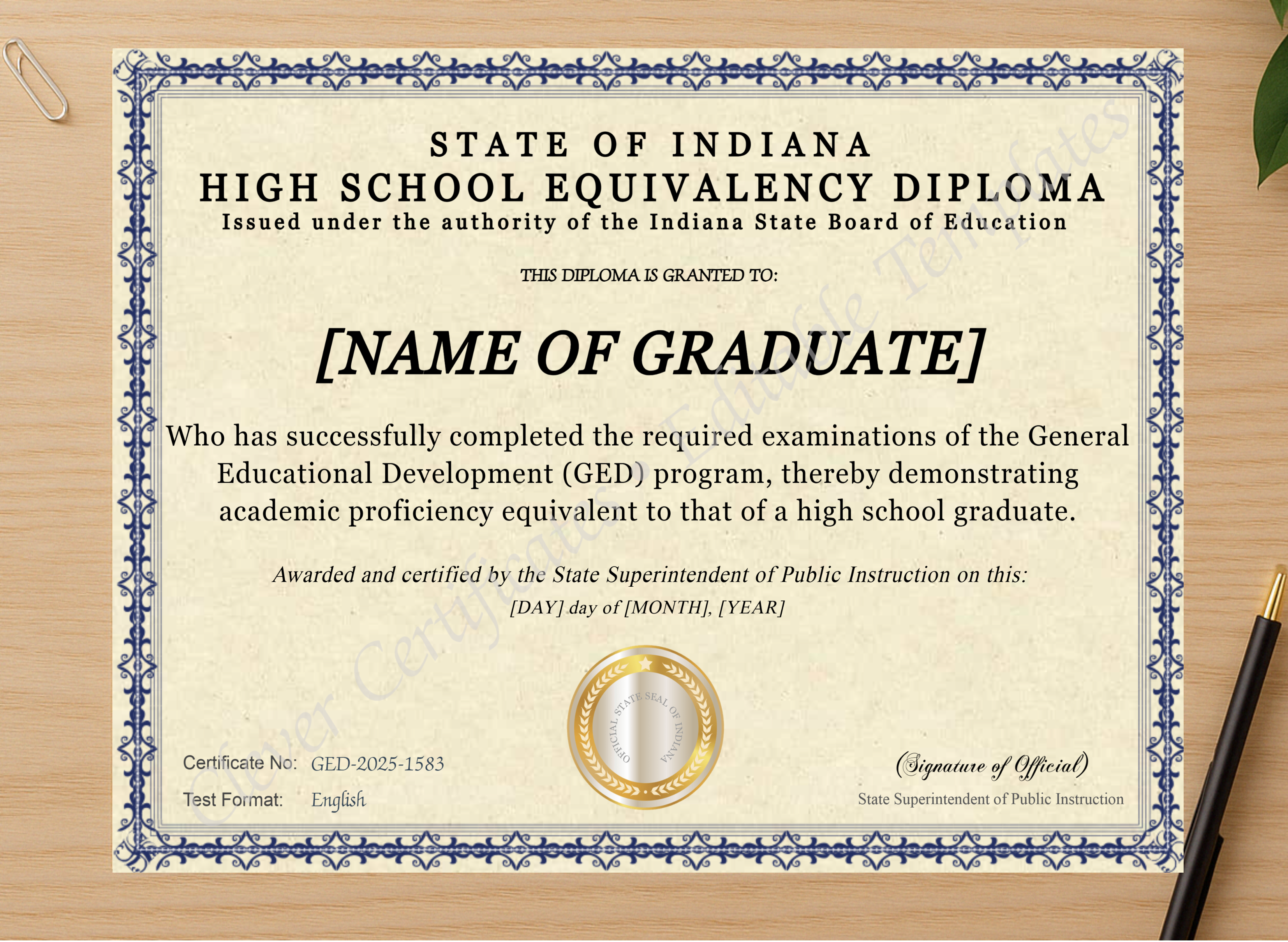 Professional preview of Indiana Ged certificate on high-quality stationery paper, ideal for showcasing the final look.