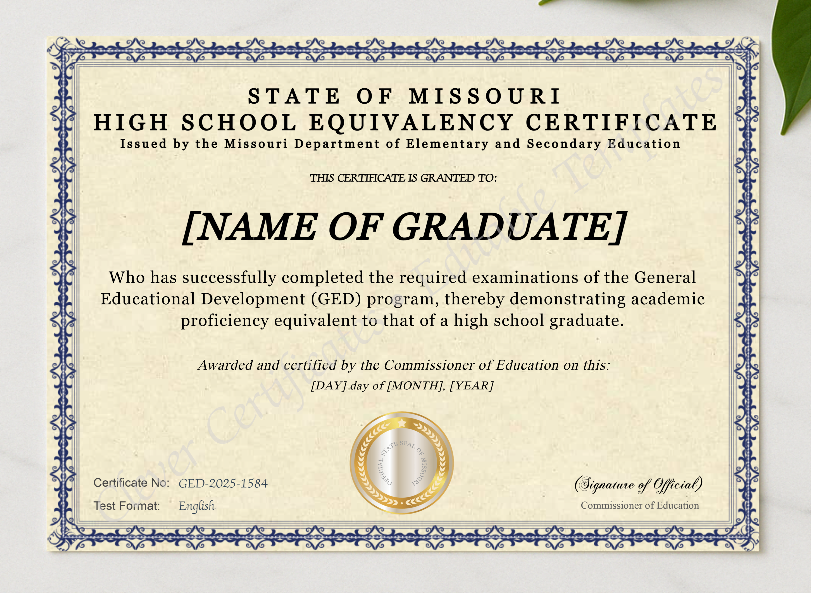 Missouri Ged presented in a sleek wooden frame, elegantly arranged on a stylish table.
