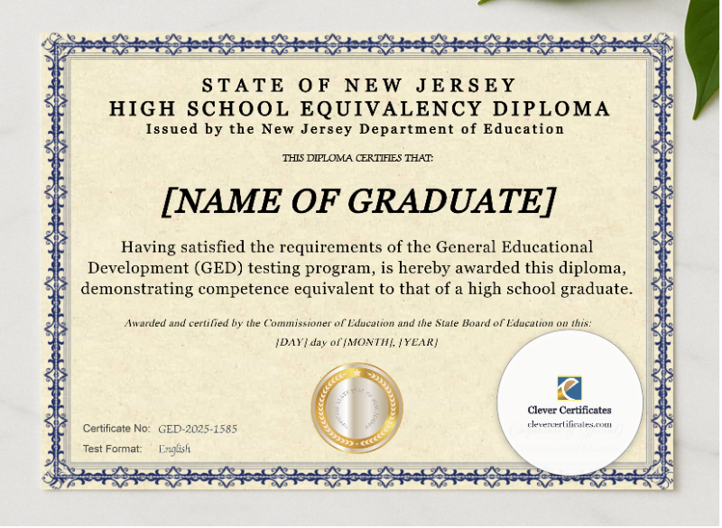 New Jersey Ged presented in a sleek wooden frame, elegantly arranged on a stylish table.