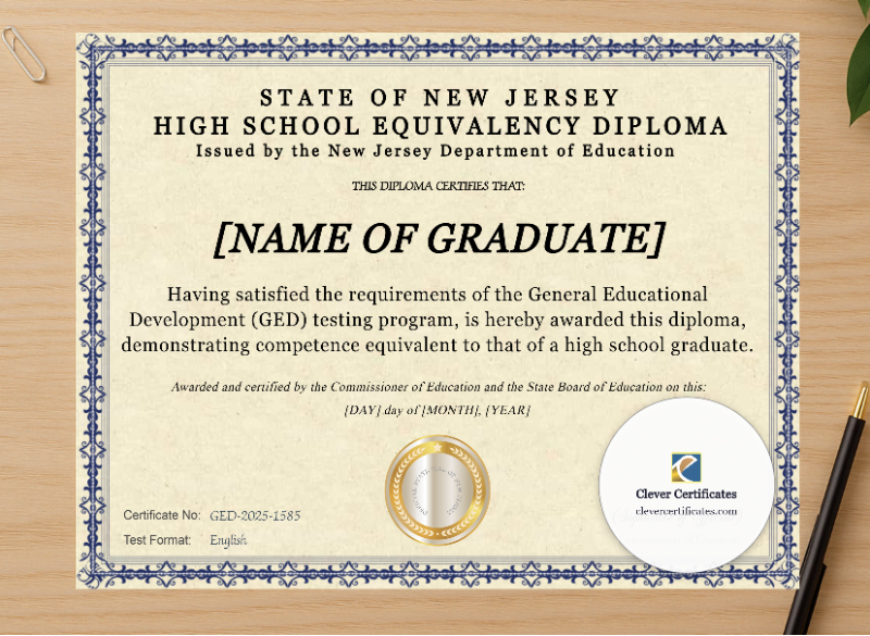 Professional preview of New Jersey Ged certificate on high-quality stationery paper, ideal for showcasing the final look.