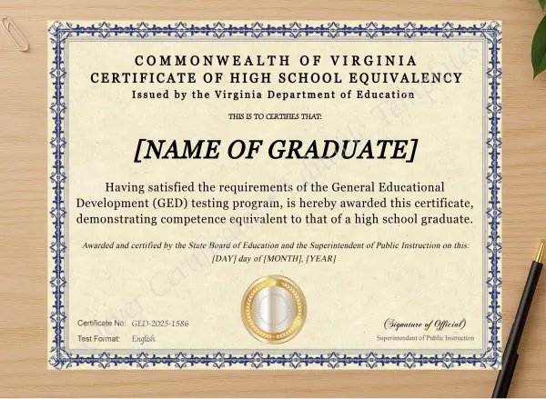 Professional preview of Virginia Ged certificate on high-quality stationery paper, ideal for showcasing the final look.