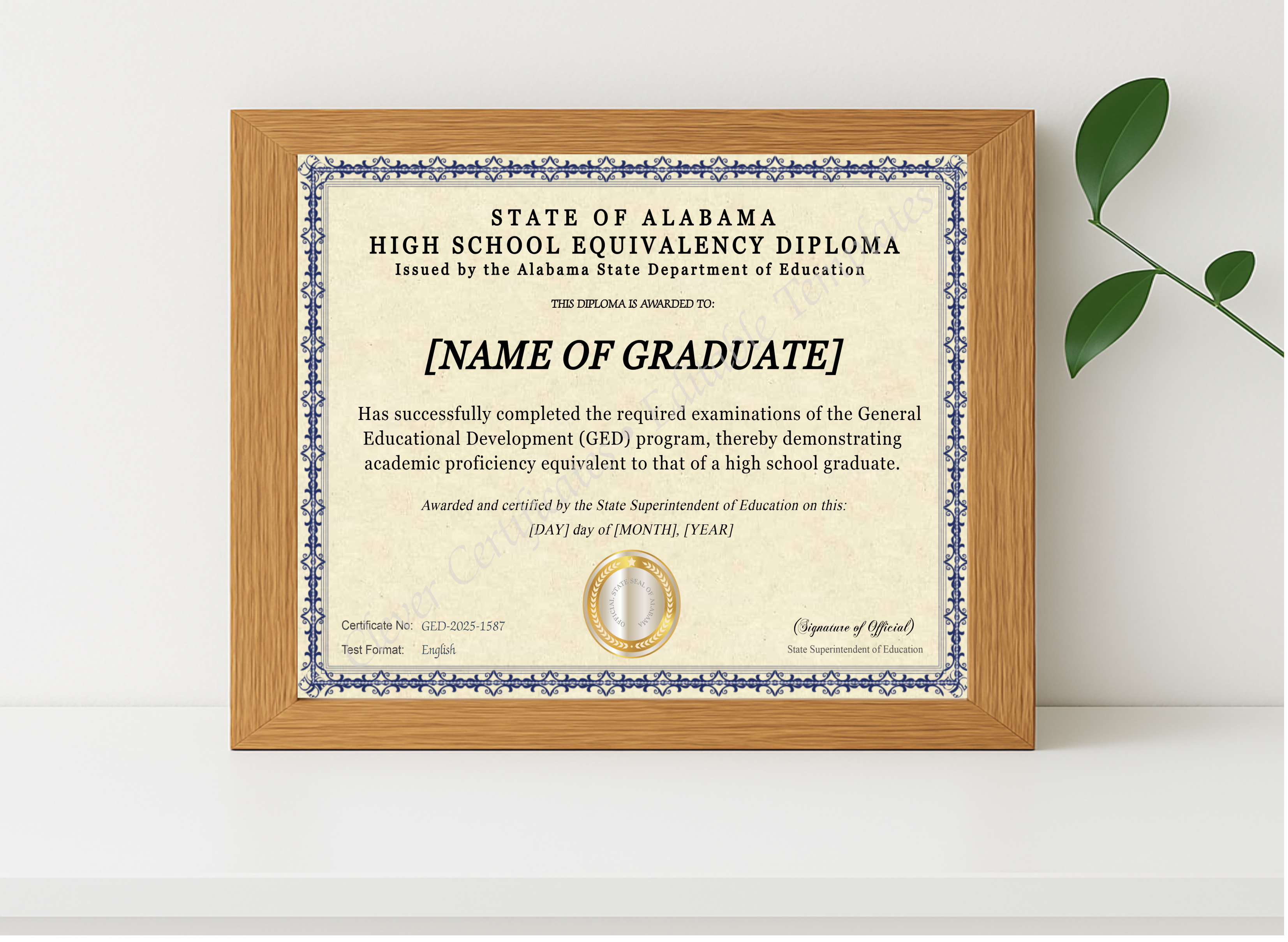 Realistic mockup featuring Alabama Ged displayed within a modern frame, set against a minimalistic background.