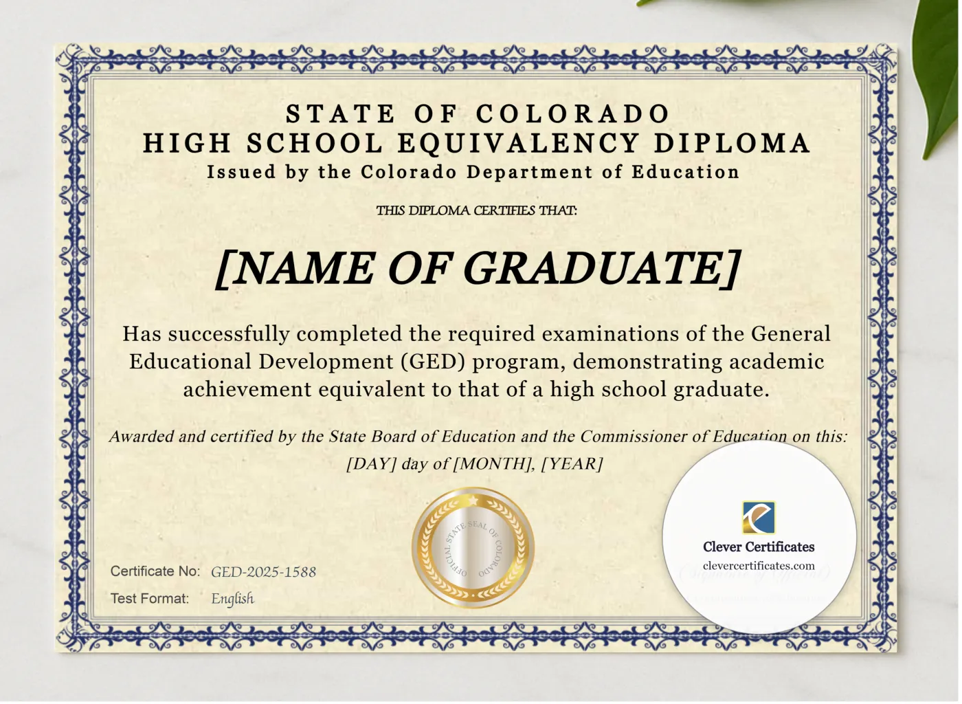 Colorado Ged presented in a sleek wooden frame, elegantly arranged on a stylish table.