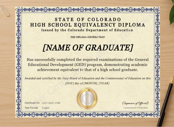 Professional preview of Colorado Ged certificate on high-quality stationery paper, ideal for showcasing the final look.