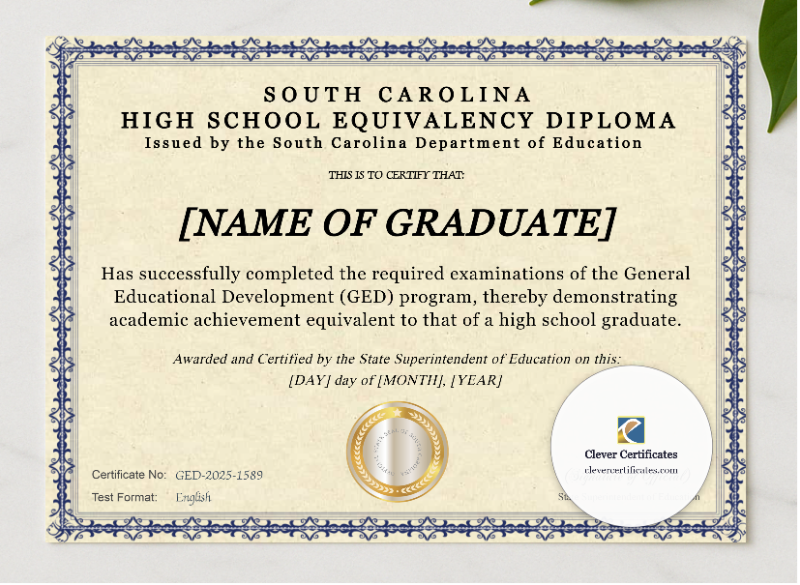 South Carolina Ged presented in a sleek wooden frame, elegantly arranged on a stylish table.