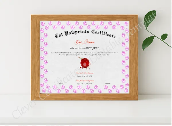 Realistic mockup featuring Cat Pawprints Certificate displayed within a modern frame, set against a minimalistic background.