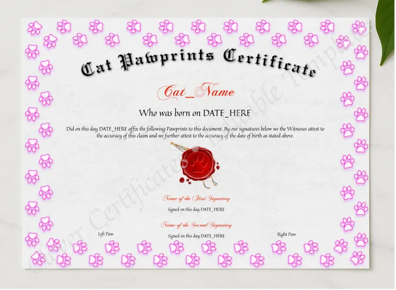 Cat Pawprints Certificate presented in a sleek wooden frame, elegantly arranged on a stylish table.