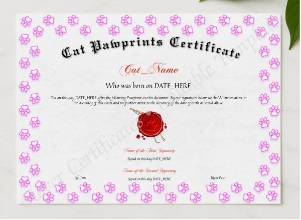 Cat Pawprints Certificate presented in a sleek wooden frame, elegantly arranged on a stylish table.