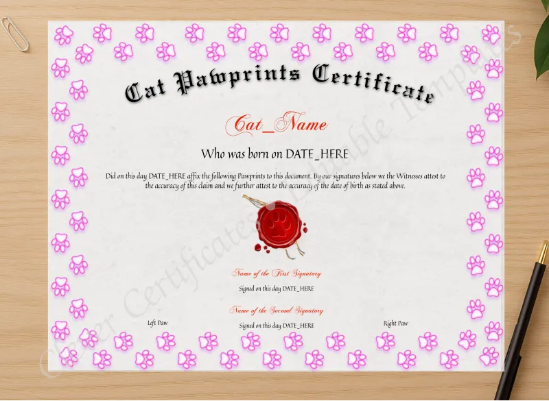 Professional preview of Cat Pawprints Certificate certificate on high-quality stationery paper, ideal for showcasing the final look.