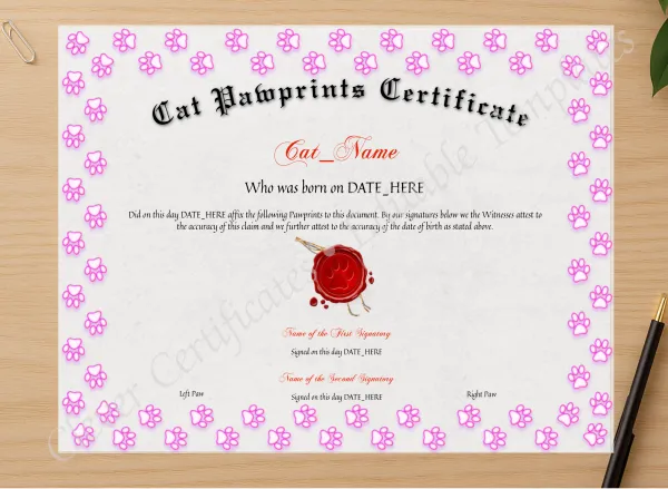 Professional preview of Cat Pawprints Certificate certificate on high-quality stationery paper, ideal for showcasing the final look.
