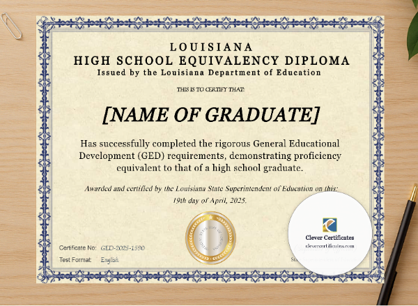 Professional preview of Louisiana Ged certificate on high-quality stationery paper, ideal for showcasing the final look.