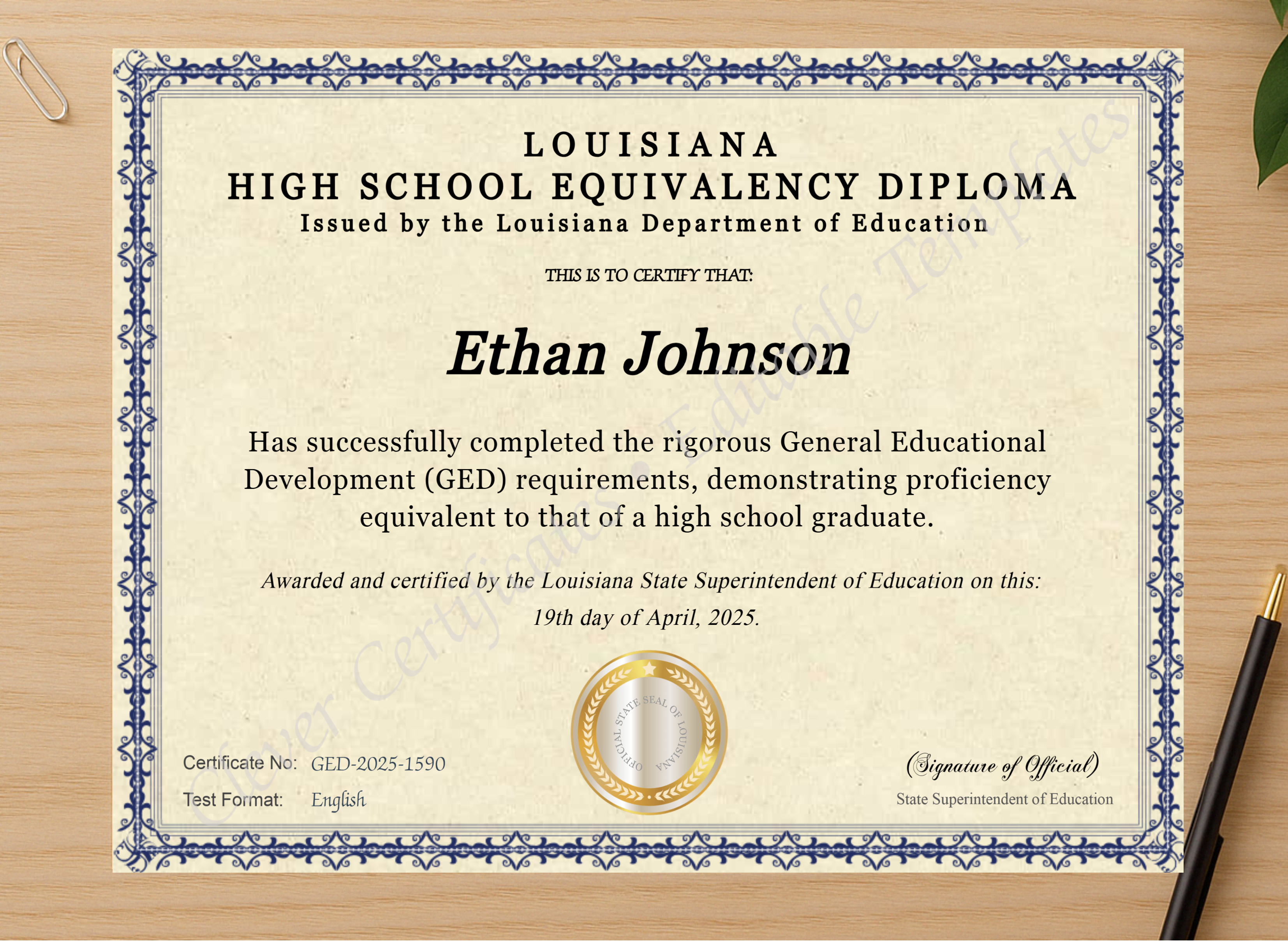 Professional preview of Louisiana Ged certificate on high-quality stationery paper, ideal for showcasing the final look.