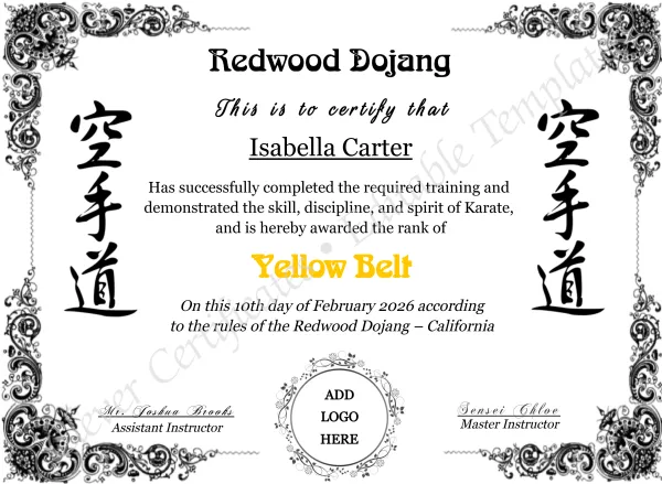 Karate Yellow Belt Certificate with Logo – Editable Martial Arts Award