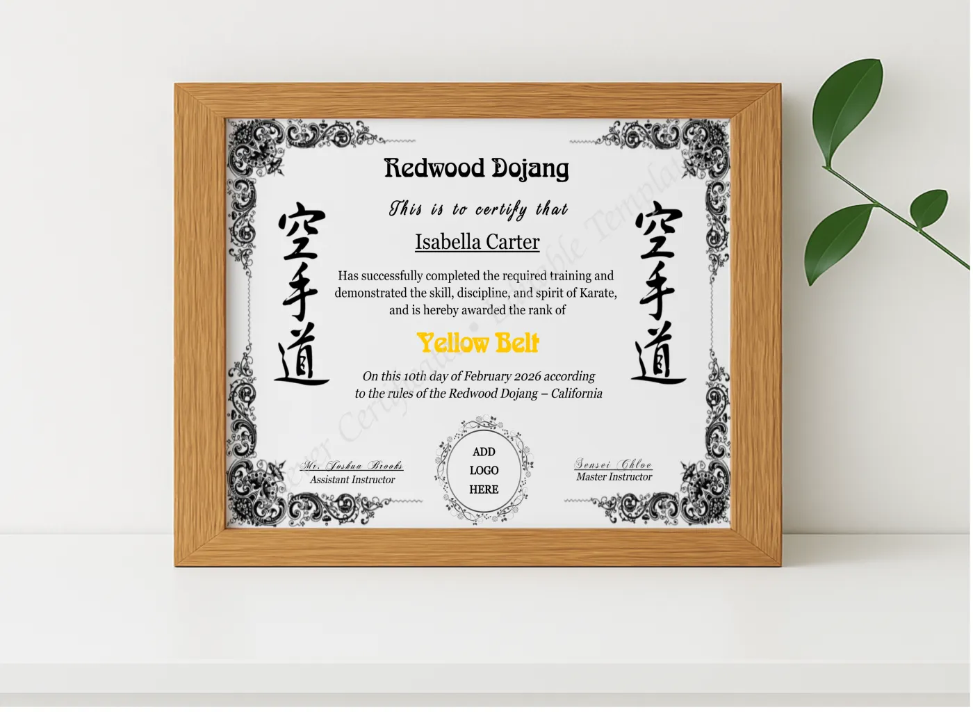 Realistic mockup featuring Karate Yellow Belt Certificate With Logo displayed within a modern frame, set against a minimalistic background.