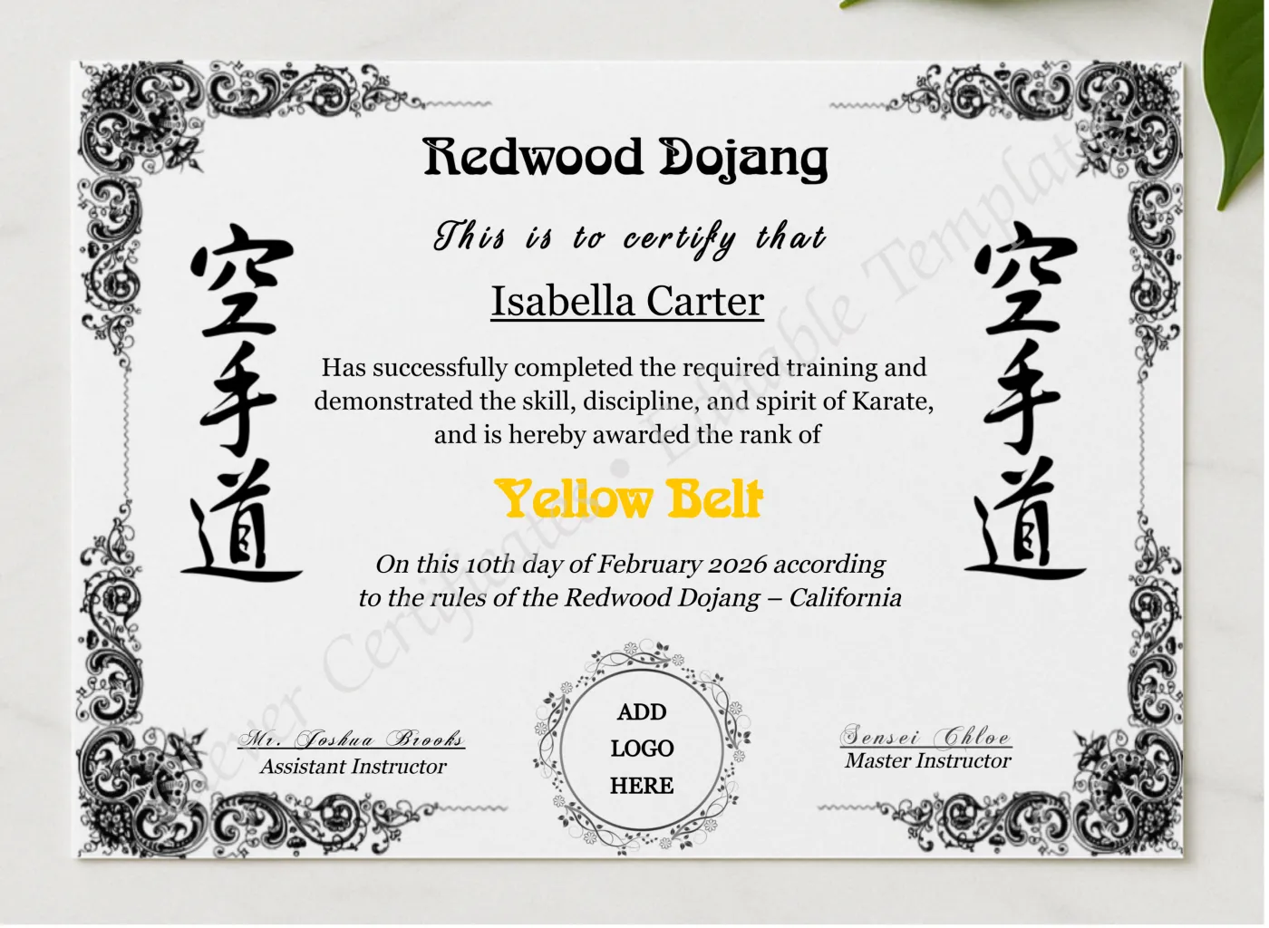 Karate Yellow Belt Certificate With Logo presented in a sleek wooden frame, elegantly arranged on a stylish table.