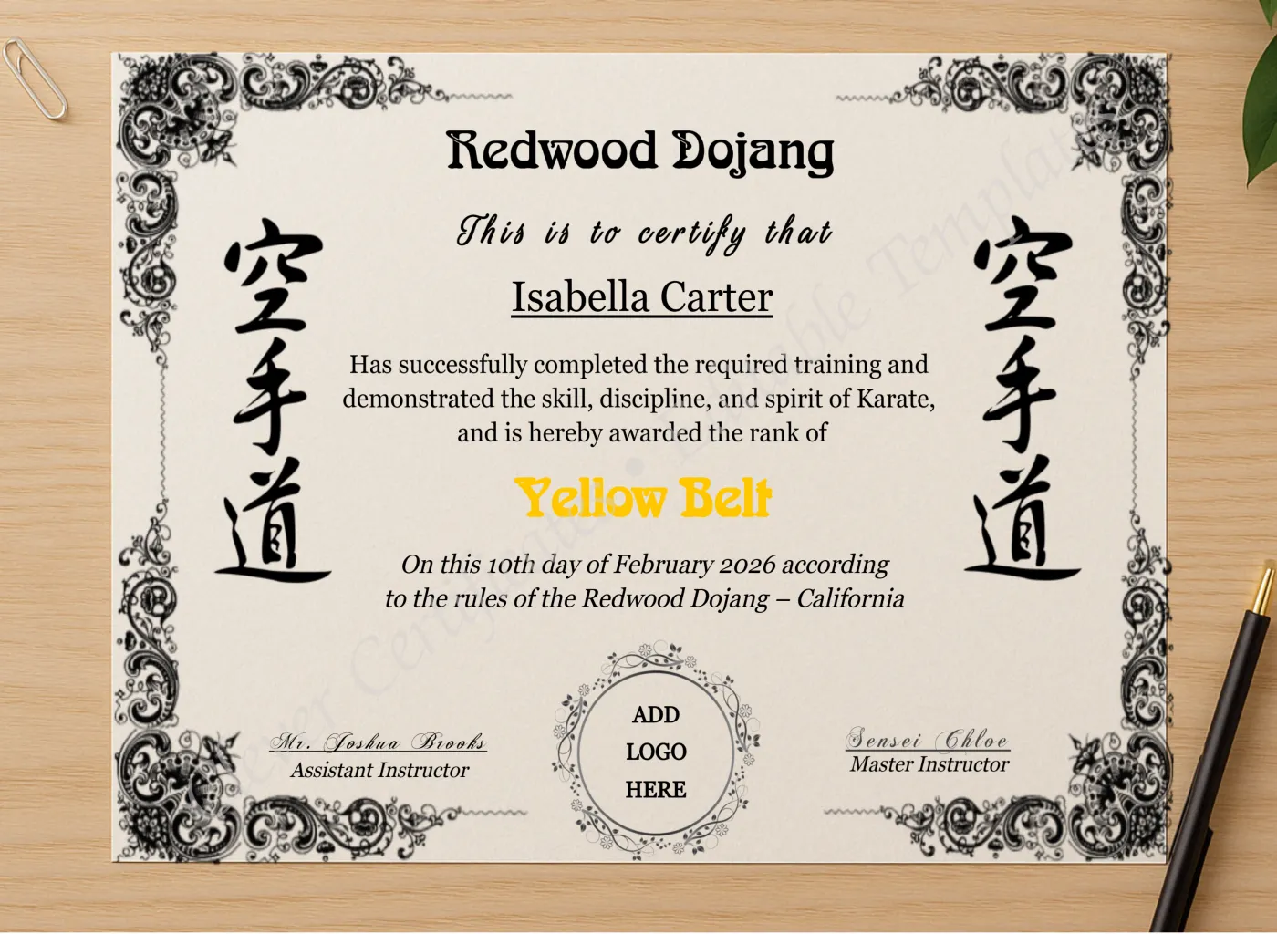 Professional preview of Karate Yellow Belt Certificate With Logo certificate on high-quality stationery paper, ideal for showcasing the final look.