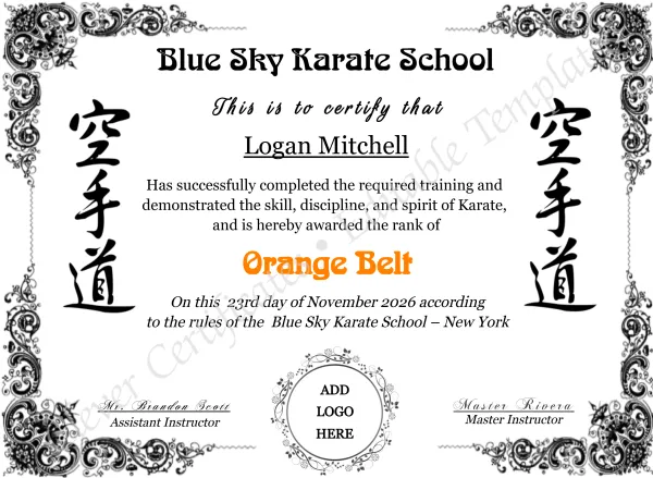 Karate Orange Belt Certificate with Logo – Editable Martial Arts Award