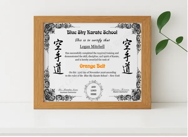 Realistic mockup featuring Karate Orange Belt Certificate With Logo displayed within a modern frame, set against a minimalistic background.
