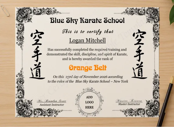 Professional preview of Karate Orange Belt Certificate With Logo certificate on high-quality stationery paper, ideal for showcasing the final look.