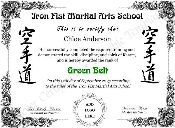 Karate Green Belt Certificate with Logo – Editable Martial Arts Award