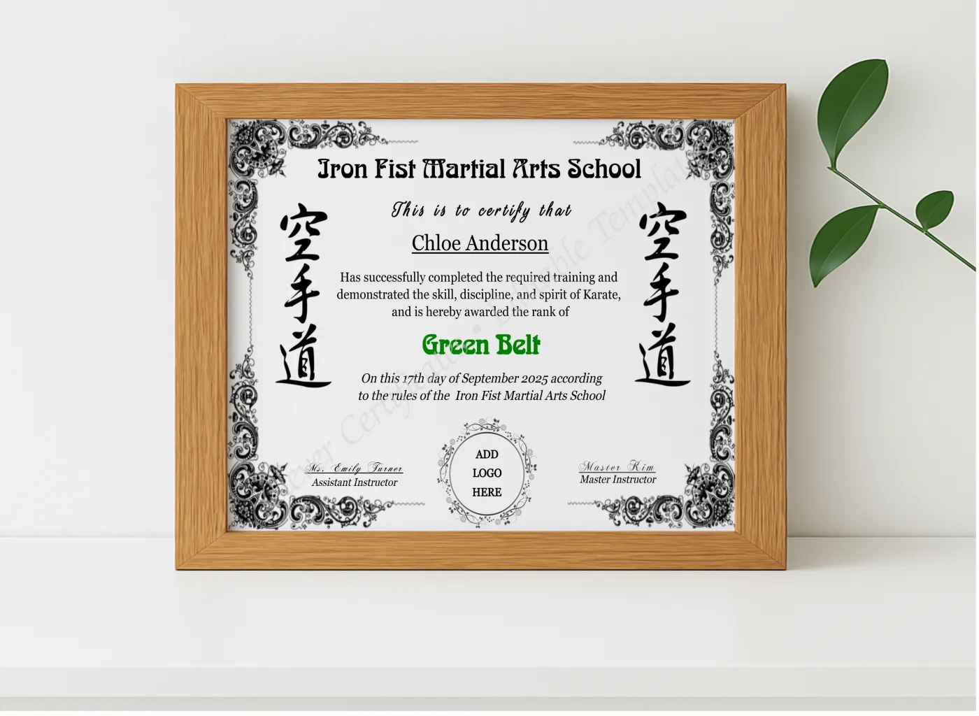 Realistic mockup featuring Karate Green Belt Certificate With Logo displayed within a modern frame, set against a minimalistic background.