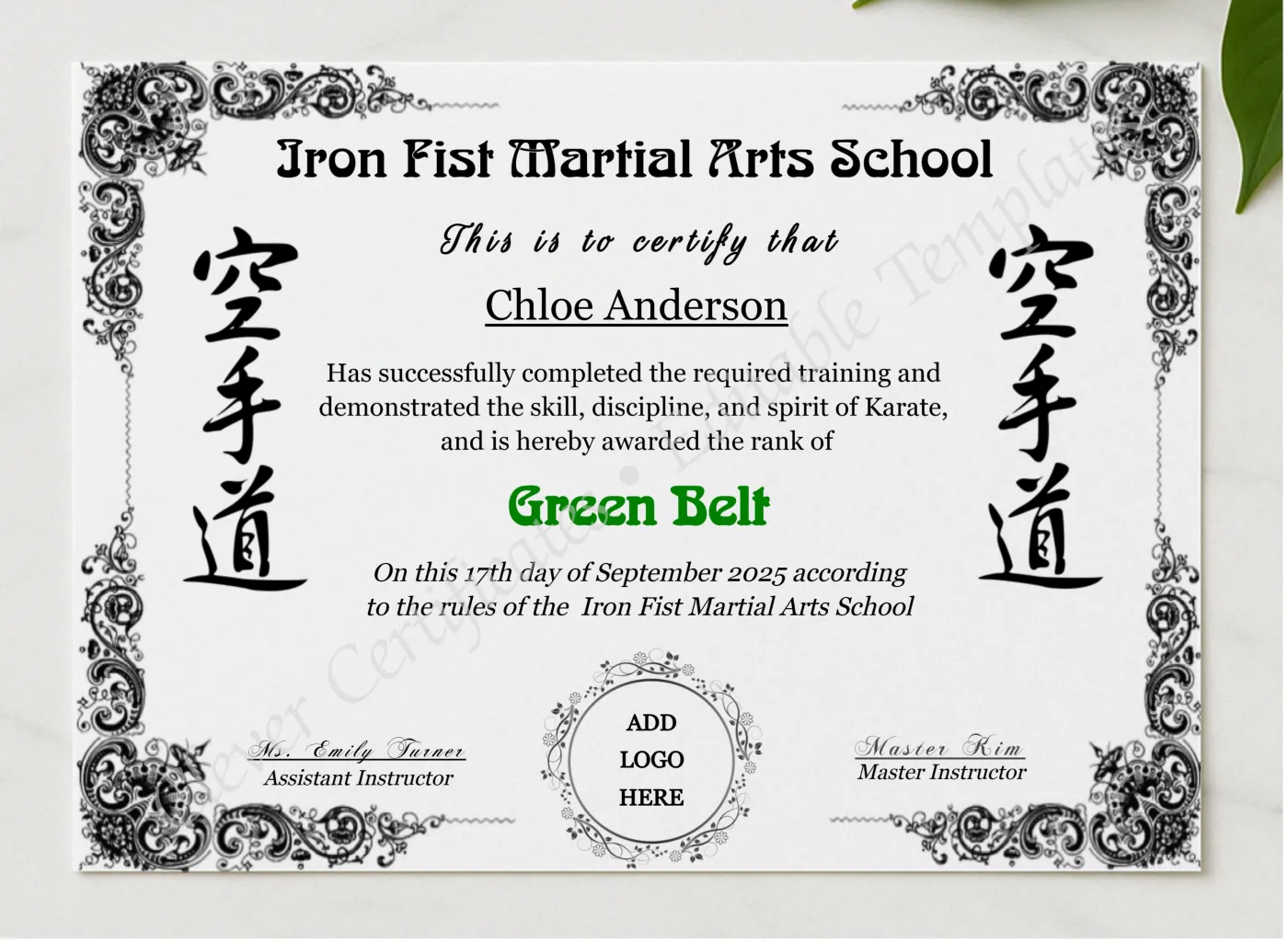 Karate Green Belt Certificate With Logo presented in a sleek wooden frame, elegantly arranged on a stylish table.