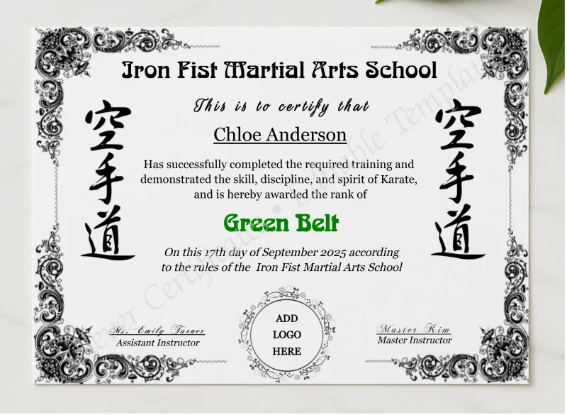 Karate Green Belt Certificate With Logo presented in a sleek wooden frame, elegantly arranged on a stylish table.