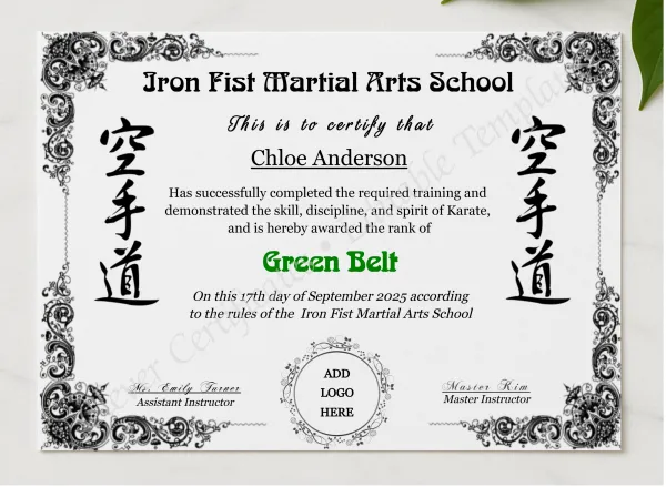 Karate Green Belt Certificate With Logo presented in a sleek wooden frame, elegantly arranged on a stylish table.