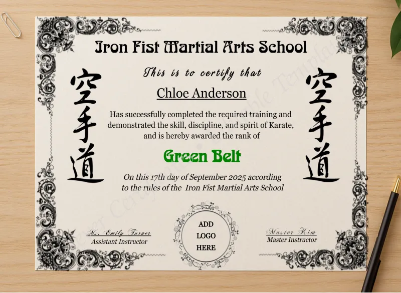 Professional preview of Karate Green Belt Certificate With Logo certificate on high-quality stationery paper, ideal for showcasing the final look.