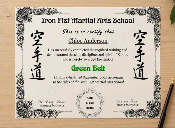Professional preview of Karate Green Belt Certificate With Logo certificate on high-quality stationery paper, ideal for showcasing the final look.