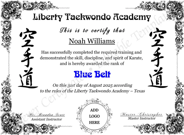 Karate Blue Belt Certificate with Logo – Editable Martial Arts Award