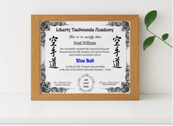Realistic mockup featuring Karate Blue Belt Certificate With Logo displayed within a modern frame, set against a minimalistic background.