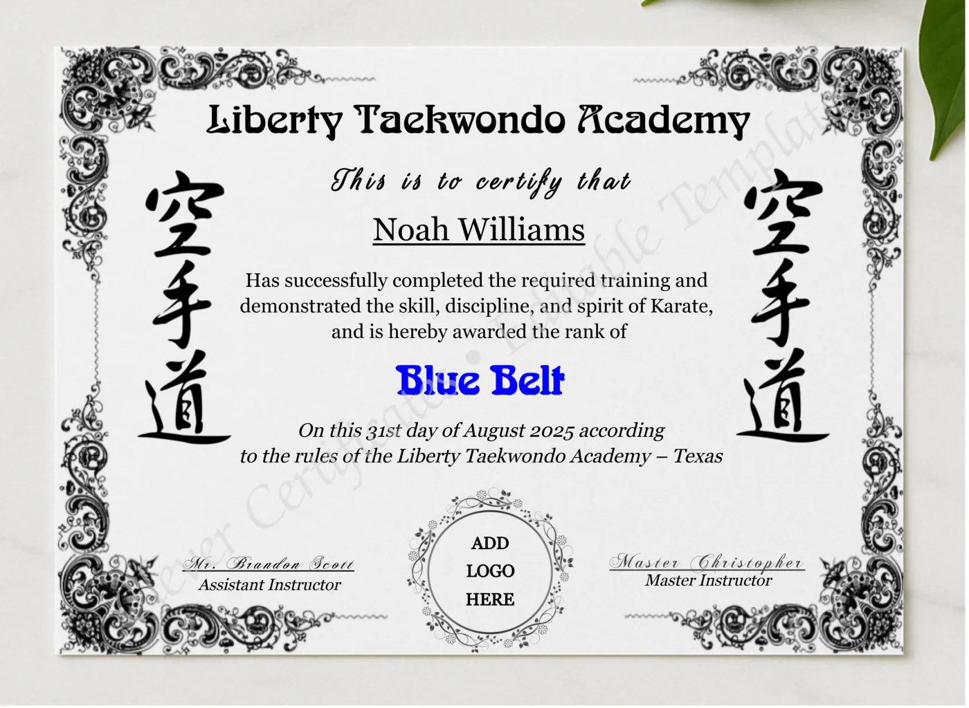 Karate Blue Belt Certificate With Logo presented in a sleek wooden frame, elegantly arranged on a stylish table.